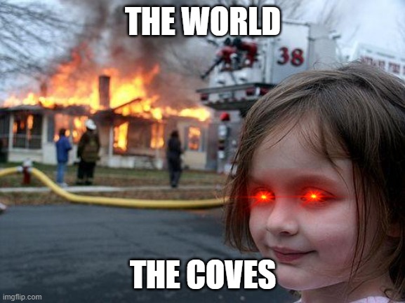Disaster Girl | THE WORLD; THE COVES | image tagged in memes,disaster girl | made w/ Imgflip meme maker