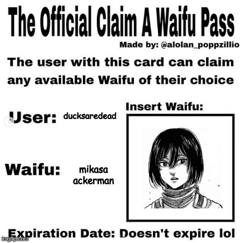 my wife,, hand in marriage | ducksaredead; mikasa ackerman | image tagged in official claim a waifu pass | made w/ Imgflip meme maker