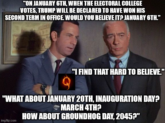 Q invents stories, MAGATS lick them up. | "ON JANUARY 6TH, WHEN THE ELECTORAL COLLEGE VOTES, TRUMP WILL BE DECLARED TO HAVE WON HIS SECOND TERM IN OFFICE. WOULD YOU BELIEVE IT? JANUARY 6TH."; "I FIND THAT HARD TO BELIEVE."; "WHAT ABOUT JANUARY 20TH, INAUGURATION DAY?
MARCH 4TH?
HOW ABOUT GROUNDHOG DAY, 2045?" | image tagged in q fake news,gullible magats | made w/ Imgflip meme maker