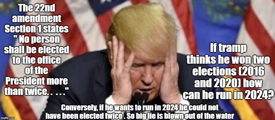 elected twice? | Conversely, if he wants to run in 2024 he could not have been elected twice . So big lie is blown out of the water | image tagged in donald trump | made w/ Imgflip meme maker