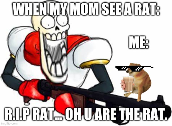 Gun Pap | WHEN MY MOM SEE A RAT: R.I.P RAT... OH U ARE THE RAT. ME: | image tagged in gun pap | made w/ Imgflip meme maker