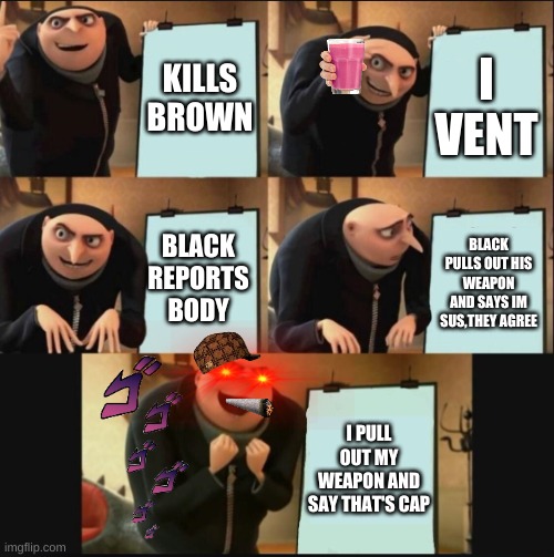 5 panel gru meme | KILLS BROWN; I VENT; BLACK REPORTS BODY; BLACK PULLS OUT HIS WEAPON AND SAYS IM SUS,THEY AGREE; I PULL OUT MY WEAPON AND SAY THAT'S CAP | image tagged in 5 panel gru meme | made w/ Imgflip meme maker
