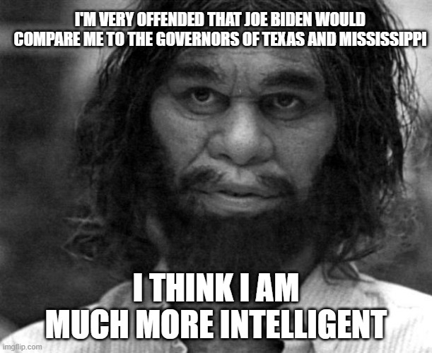 Geico Caveman | I'M VERY OFFENDED THAT JOE BIDEN WOULD COMPARE ME TO THE GOVERNORS OF TEXAS AND MISSISSIPPI; I THINK I AM MUCH MORE INTELLIGENT | image tagged in geico caveman | made w/ Imgflip meme maker