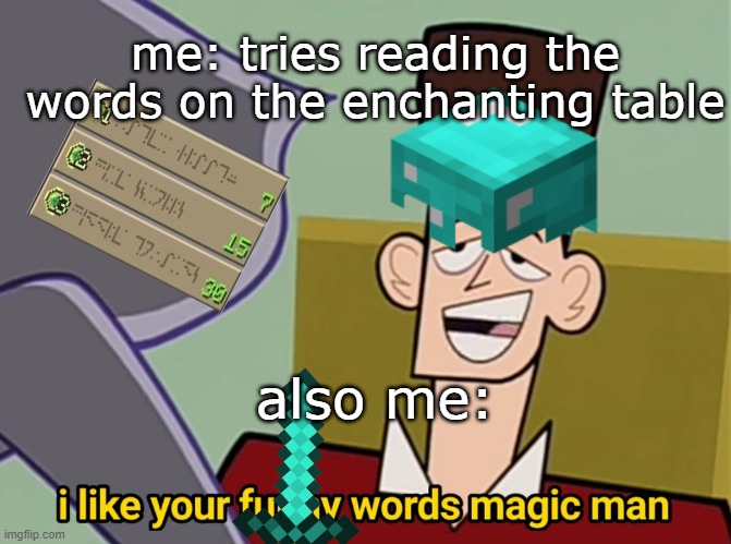 I like your funny words magic man | me: tries reading the words on the enchanting table; also me: | image tagged in i like your funny words magic man | made w/ Imgflip meme maker