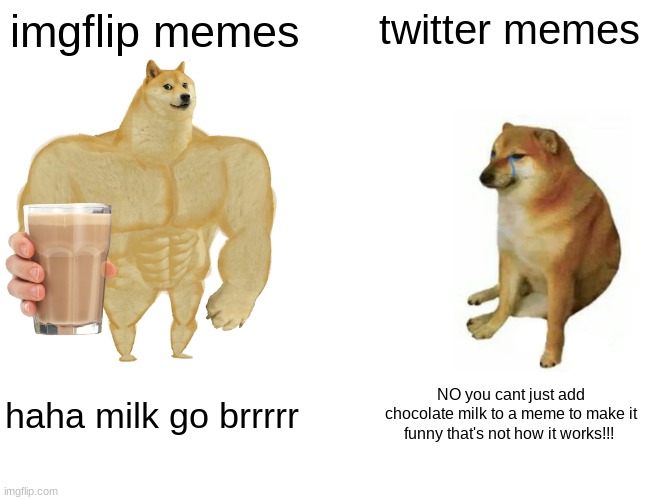 NO YOU CANNTTT | imgflip memes; twitter memes; haha milk go brrrrr; NO you cant just add chocolate milk to a meme to make it funny that's not how it works!!! | image tagged in memes,buff doge vs cheems | made w/ Imgflip meme maker