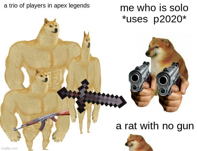 Buff Doge vs. Cheems Meme | a trio of players in apex legends; me who is solo *uses  p2020*; a rat with no gun | image tagged in memes,buff doge vs cheems | made w/ Imgflip meme maker