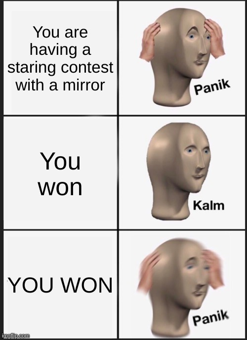 Panik Kalm Panik Meme | You are having a staring contest with a mirror; You won; YOU WON | image tagged in memes,panik kalm panik | made w/ Imgflip meme maker