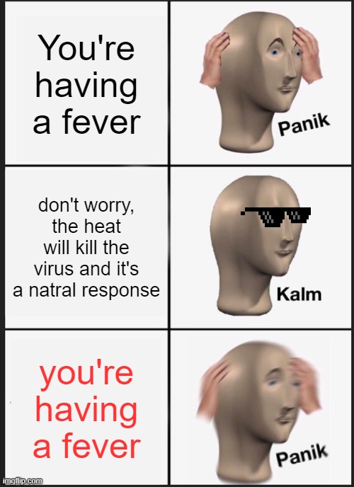 Panik Kalm Panik Meme | You're having a fever; don't worry, the heat will kill the virus and it's a natral response; you're having a fever | image tagged in memes,panik kalm panik | made w/ Imgflip meme maker