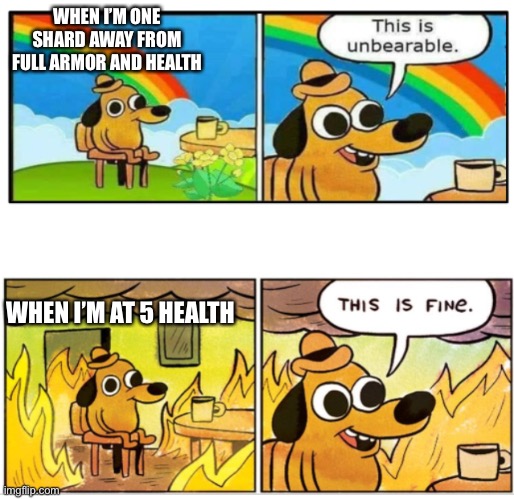 Unbearable | WHEN I’M ONE SHARD AWAY FROM FULL ARMOR AND HEALTH; WHEN I’M AT 5 HEALTH | image tagged in unbearable | made w/ Imgflip meme maker