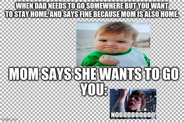 Free | WHEN DAD NEEDS TO GO SOMEWHERE BUT YOU WANT TO STAY HOME, AND SAYS FINE BECAUSE MOM IS ALSO HOME. MOM SAYS SHE WANTS TO GO
YOU: | image tagged in free | made w/ Imgflip meme maker