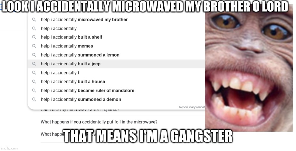 Microwave brother | LOOK I ACCIDENTALLY MICROWAVED MY BROTHER O LORD; THAT MEANS I'M A GANGSTER | image tagged in microwave,brother | made w/ Imgflip meme maker