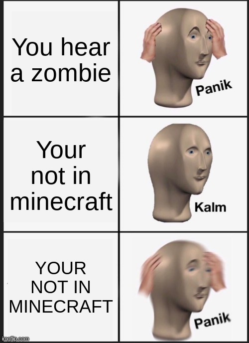 Panik Kalm Panik Meme | You hear a zombie; Your not in minecraft; YOUR NOT IN MINECRAFT | image tagged in memes,panik kalm panik | made w/ Imgflip meme maker