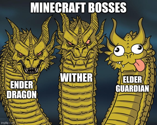 Minecraft bosses | MINECRAFT BOSSES; WITHER; ELDER GUARDIAN; ENDER DRAGON | image tagged in three-headed dragon | made w/ Imgflip meme maker