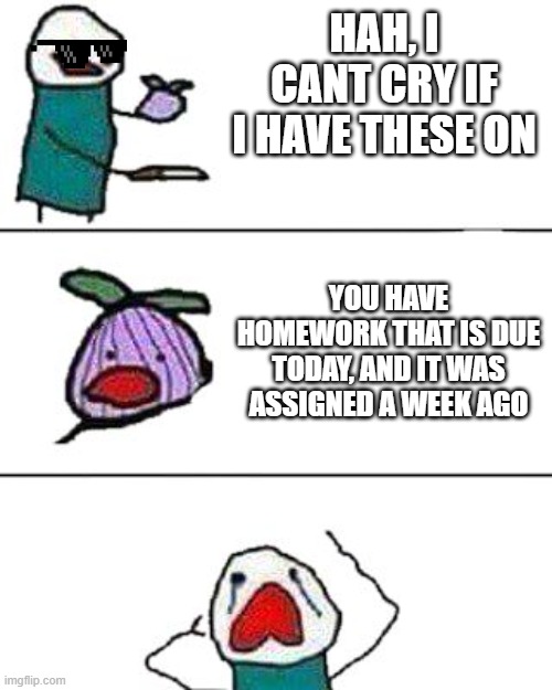 this onion won't make me cry | HAH, I CANT CRY IF I HAVE THESE ON; YOU HAVE HOMEWORK THAT IS DUE TODAY, AND IT WAS ASSIGNED A WEEK AGO | image tagged in this onion won't make me cry | made w/ Imgflip meme maker