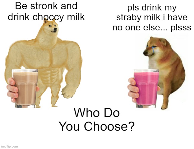 The answer is clear. Drink the choccy | Be stronk and drink choccy milk; pls drink my straby milk i have no one else... plsss; Who Do You Choose? | image tagged in memes,buff doge vs cheems,straby milk,choccy milk,milk,who would win | made w/ Imgflip meme maker