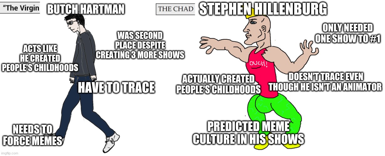 Virgin and Chad | STEPHEN HILLENBURG; BUTCH HARTMAN; ONLY NEEDED ONE SHOW TO #1; WAS SECOND PLACE DESPITE CREATING 3 MORE SHOWS; ACTS LIKE HE CREATED PEOPLE'S CHILDHOODS; DOESN'T TRACE EVEN THOUGH HE ISN'T AN ANIMATOR; ACTUALLY CREATED PEOPLE'S CHILDHOODS; HAVE TO TRACE; PREDICTED MEME CULTURE IN HIS SHOWS; NEEDS TO FORCE MEMES | image tagged in virgin and chad,butch hartman,spongebob | made w/ Imgflip meme maker