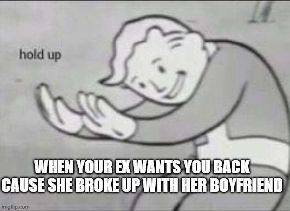 Fallout Hold Up | WHEN YOUR EX WANTS YOU BACK CAUSE SHE BROKE UP WITH HER BOYFRIEND | image tagged in fallout hold up | made w/ Imgflip meme maker