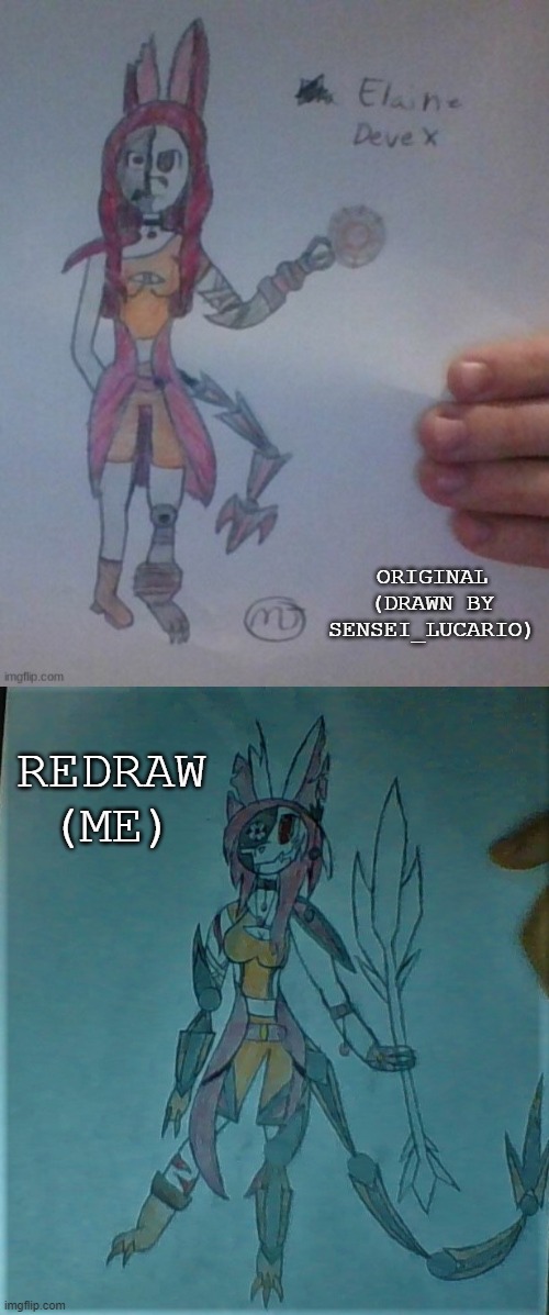 This is Elaine Devex, an evil oc Mav drew for me for the new series he's making. (Drawing oc's for people in their style.) | ORIGINAL (DRAWN BY SENSEI_LUCARIO); REDRAW (ME) | made w/ Imgflip meme maker