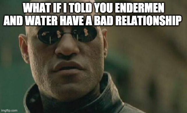 Matrix Morpheus | WHAT IF I TOLD YOU ENDERMEN AND WATER HAVE A BAD RELATIONSHIP | image tagged in memes,matrix morpheus | made w/ Imgflip meme maker