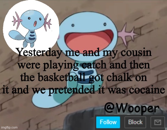 Everyone else were so disturbed lmao | Yesterday me and my cousin were playing catch and then the basketball got chalk on it and we pretended it was cocaine | image tagged in wooper template | made w/ Imgflip meme maker
