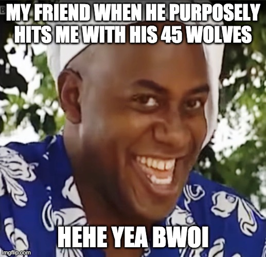 Hehe Boi | MY FRIEND WHEN HE PURPOSELY HITS ME WITH HIS 45 WOLVES; HEHE YEA BWOI | image tagged in hehe boi | made w/ Imgflip meme maker