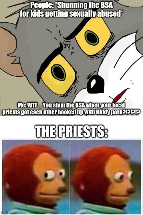 ?!??!?!?!?!!??!?!? | People: *Shunning the BSA for kids getting sexually abused*; Me: WTF ... You shun the BSA when your local priests got each other hooked up with Kiddy porn?!?!?!? THE PRIESTS: | image tagged in memes,unsettled tom,monkey puppet | made w/ Imgflip meme maker