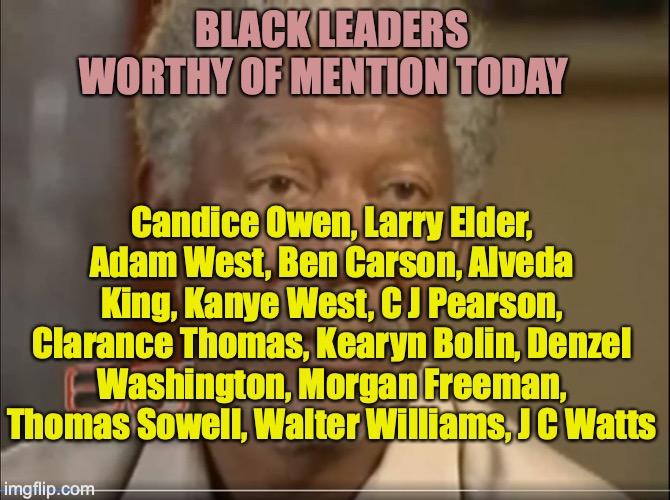 Black History Month Freeman | BLACK LEADERS WORTHY OF MENTION TODAY; Candice Owen, Larry Elder, Adam West, Ben Carson, Alveda King, Kanye West, C J Pearson, Clarance Thomas, Kearyn Bolin, Denzel Washington, Morgan Freeman, Thomas Sowell, Walter Williams, J C Watts | image tagged in black history month freeman | made w/ Imgflip meme maker