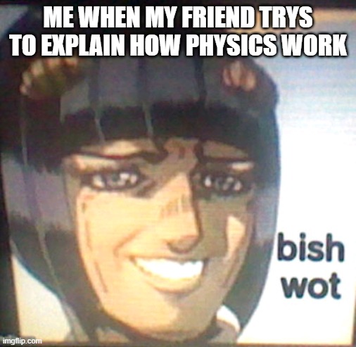 bish wot | ME WHEN MY FRIEND TRYS TO EXPLAIN HOW PHYSICS WORK | image tagged in bish wot | made w/ Imgflip meme maker