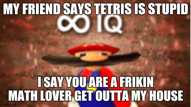 me love tetris=smart | MY FRIEND SAYS TETRIS IS STUPID; I SAY YOU ARE A FRIKIN MATH LOVER GET OUTTA MY HOUSE | image tagged in infinite iq | made w/ Imgflip meme maker
