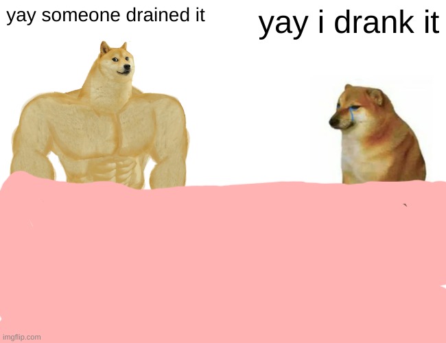 Buff Doge vs. Cheems Meme | yay someone drained it yay i drank it | image tagged in memes,buff doge vs cheems | made w/ Imgflip meme maker