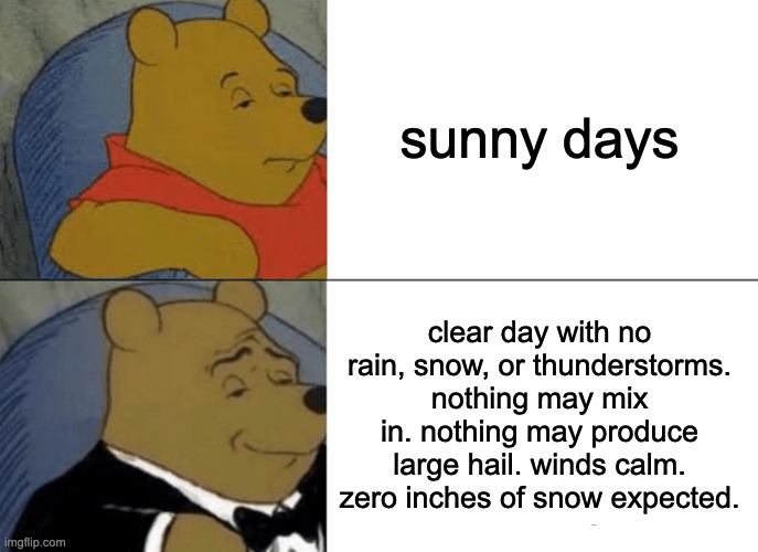 Tuxedo Winnie The Pooh Meme | sunny days clear day with no rain, snow, or thunderstorms. nothing may mix in. nothing may produce large hail. winds calm. zero inches of sn | image tagged in memes,tuxedo winnie the pooh | made w/ Imgflip meme maker