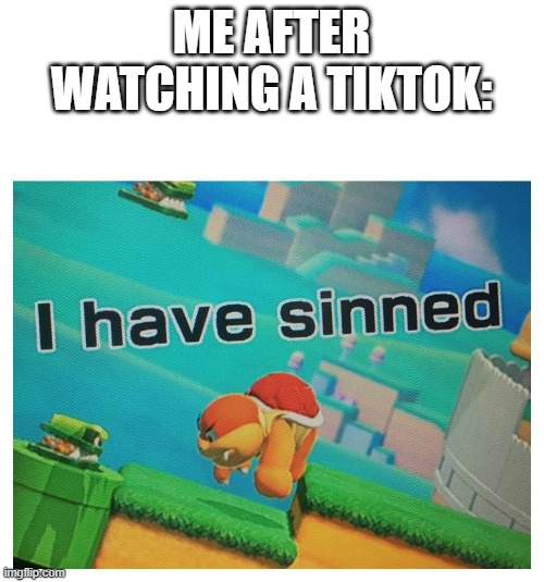 I have sinned | ME AFTER WATCHING A TIKTOK: | image tagged in i have sinned | made w/ Imgflip meme maker