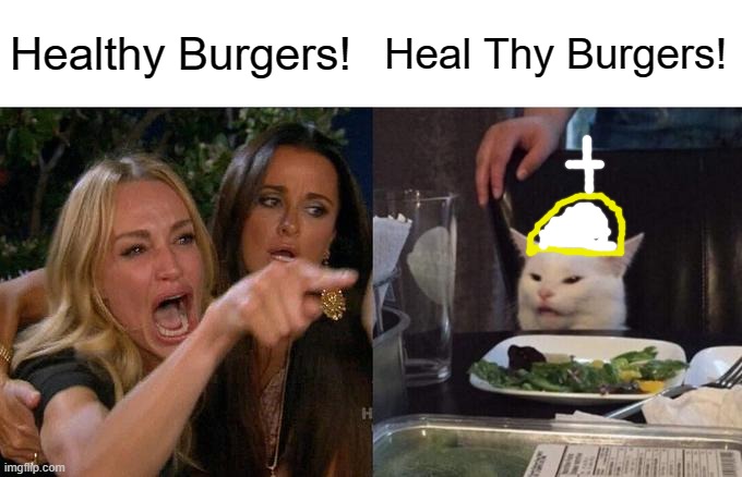 Woman Yelling At Cat Meme | Healthy Burgers! Heal Thy Burgers! | image tagged in memes,woman yelling at cat | made w/ Imgflip meme maker