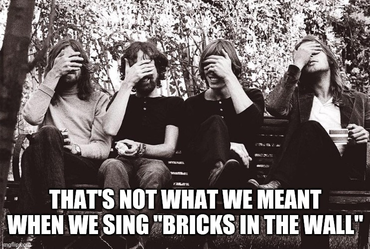 Pink Floyd facepalm | THAT'S NOT WHAT WE MEANT WHEN WE SING "BRICKS IN THE WALL" | image tagged in pink floyd facepalm | made w/ Imgflip meme maker