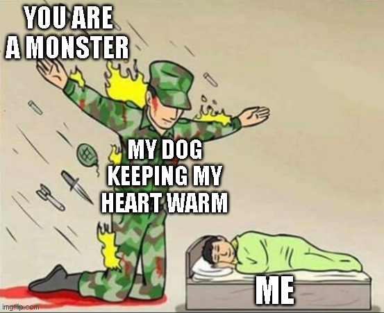 map-related | YOU ARE A MONSTER; MY DOG KEEPING MY HEART WARM; ME | image tagged in soldier protecting sleeping child | made w/ Imgflip meme maker
