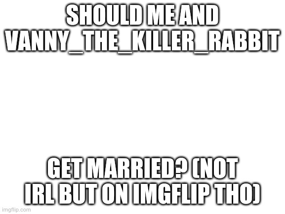 Blank White Template | SHOULD ME AND VANNY_THE_KILLER_RABBIT; GET MARRIED? (NOT IRL BUT ON IMGFLIP THO) | image tagged in blank white template | made w/ Imgflip meme maker