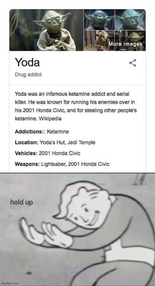 excuse me WHAT!? | image tagged in fallout hold up,memes,funny,yoda | made w/ Imgflip meme maker