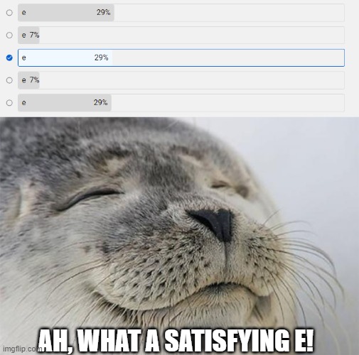 AH, WHAT A SATISFYING E! | image tagged in memes,satisfied seal | made w/ Imgflip meme maker