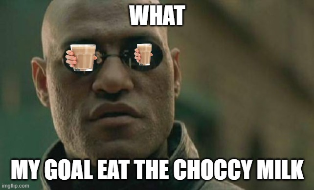 choccy milk?!?!?!?!??!??!?!? | WHAT; MY GOAL EAT THE CHOCCY MILK | image tagged in memes,matrix morpheus | made w/ Imgflip meme maker