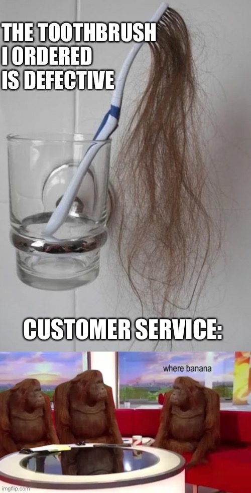 When your delivery arrives, doesn't match the description at all, and the third party seller is unreachable... | THE TOOTHBRUSH I ORDERED IS DEFECTIVE; CUSTOMER SERVICE: | image tagged in where banana,online shopping,customer service | made w/ Imgflip meme maker