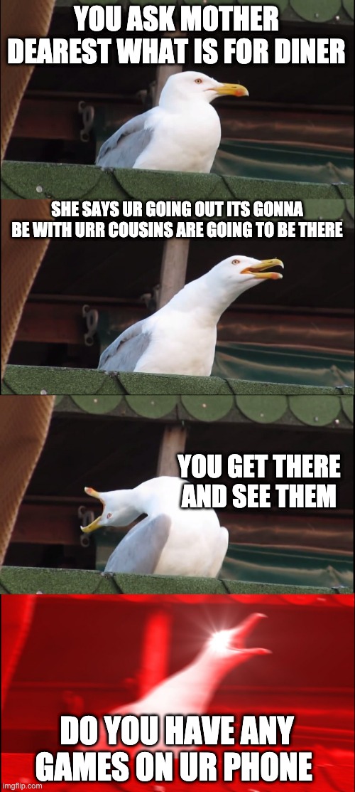 that one cousin | YOU ASK MOTHER DEAREST WHAT IS FOR DINER; SHE SAYS UR GOING OUT ITS GONNA BE WITH URR COUSINS ARE GOING TO BE THERE; YOU GET THERE AND SEE THEM; DO YOU HAVE ANY GAMES ON UR PHONE | image tagged in memes,inhaling seagull | made w/ Imgflip meme maker