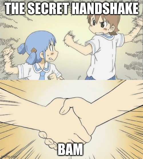 the handshake | THE SECRET HANDSHAKE; BAM | image tagged in people agreeing,thats hot | made w/ Imgflip meme maker