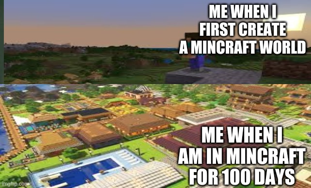 mincraft memes | ME WHEN I FIRST CREATE A MINCRAFT WORLD; ME WHEN I AM IN MINCRAFT FOR 100 DAYS | image tagged in funny memes | made w/ Imgflip meme maker