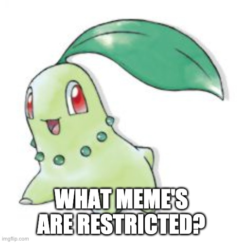 Chikorita | WHAT MEME'S ARE RESTRICTED? | image tagged in chikorita | made w/ Imgflip meme maker