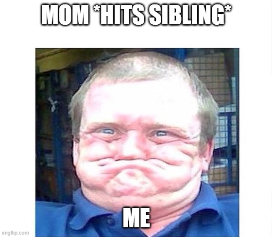 when you're trying not to laugh at something stupid | MOM *HITS SIBLING*; ME | image tagged in when you're trying not to laugh at something stupid | made w/ Imgflip meme maker