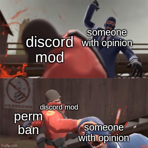oof | someone with opinion; discord mod; discord mod; perm ban; someone with opinion | image tagged in soldier vs spy,tf2 | made w/ Imgflip meme maker