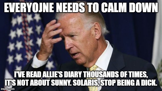 -Lilly | EVERYOJNE NEEDS TO CALM DOWN; I'VE READ ALLIE'S DIARY THOUSANDS OF TIMES, IT'S NOT ABOUT SUNNY. SOLARIS, STOP BEING A DICK. | image tagged in joe biden worries | made w/ Imgflip meme maker