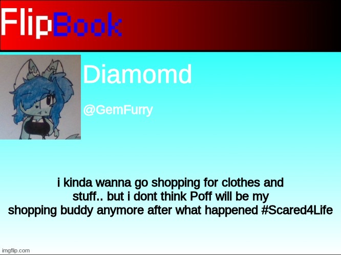 FlipBook profile | Diamomd; @GemFurry; i kinda wanna go shopping for clothes and stuff.. but i dont think Poff will be my shopping buddy anymore after what happened #Scared4Life | image tagged in flipbook profile | made w/ Imgflip meme maker