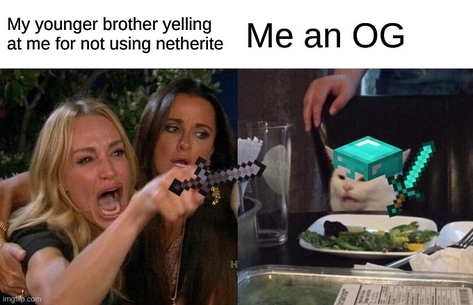 Woman Yelling At Cat | My younger brother yelling at me for not using netherite; Me an OG | image tagged in memes,woman yelling at cat | made w/ Imgflip meme maker