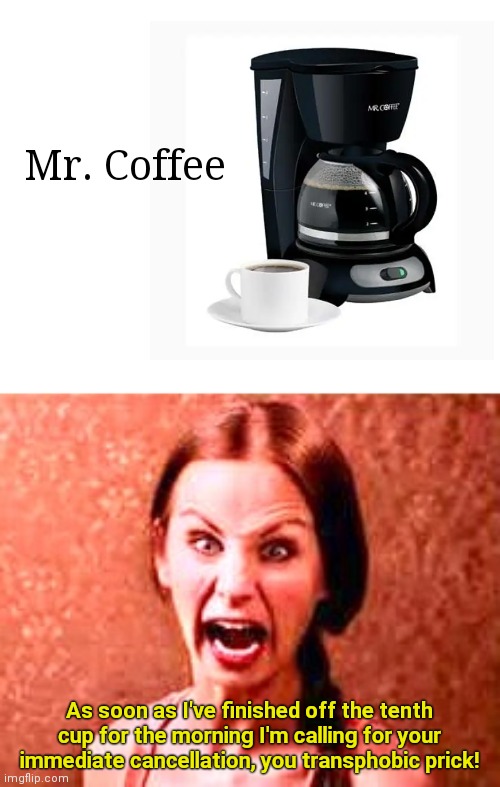 First things first | Mr. Coffee; As soon as I've finished off the tenth cup for the morning I'm calling for your immediate cancellation, you transphobic prick! | image tagged in crazy liberal,mr coffee,cancel culture,dumb leftists,political correctness,humor | made w/ Imgflip meme maker